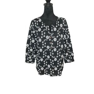 J. Jill Split Neck 3/4 Sleeve Peasant Blouse‎ Embroidered Boho Black Small